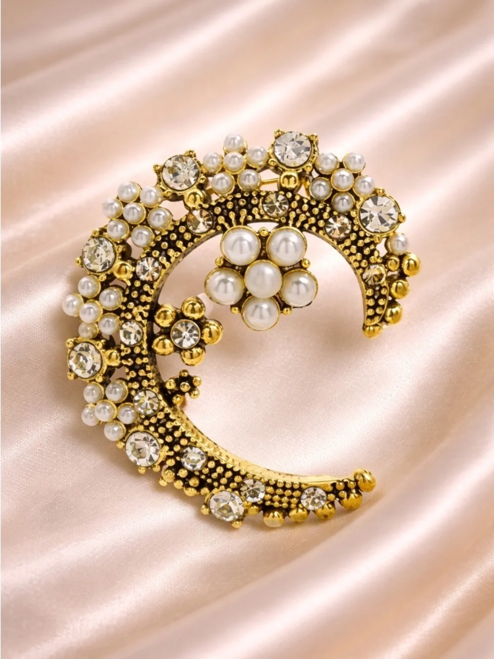 Celestial Crescent Pearl Cluster Gold Brooch